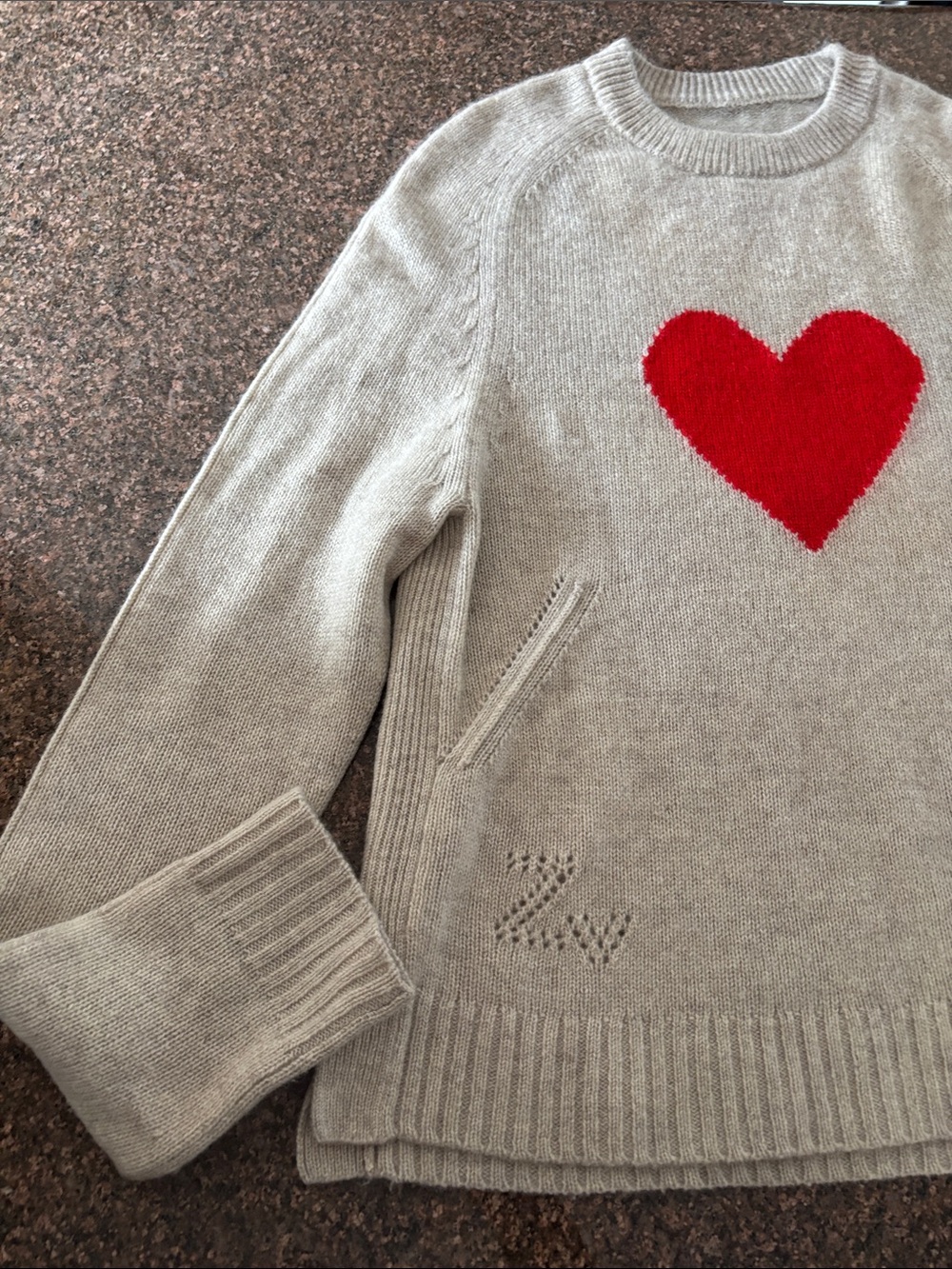 Zadig & Voltaire Ladies Beige Cashmere Red Heart ZV Sweater-XS - Picture 2 of 6